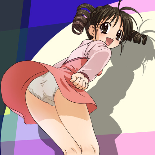 haruyama kazunori, kouyama mitsuki, full moon wo sagashite, lowres, 00s, 1girl, antenna hair, ass, back, brown eyes, brown hair, cameltoe, dancing, dress, drill hair, female focus, hands on own hips, leaning forward, looking back, panties, pantyshot, shadow, short hair, smile, solo, standing, thighs, underwear, upskirt, white panties, wind, wind lift