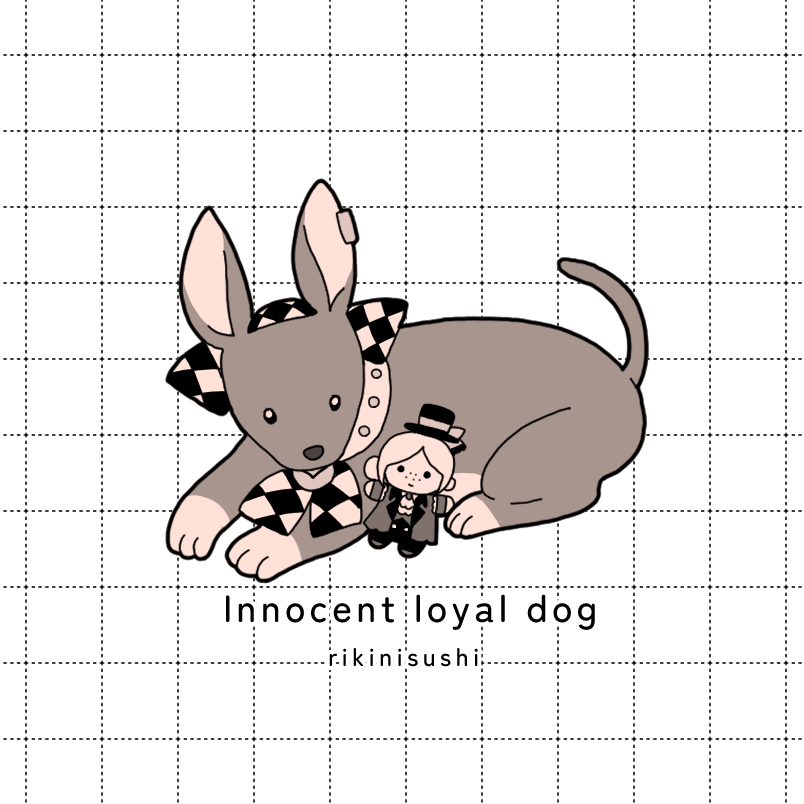 rikini sushi, sonetto (reverse:1999), vertin (reverse:1999), reverse:1999, animal focus, animalization, artist name, brown theme, character doll, checkered hairband, dog, doll, english text, greyhound, grid background, hairband, looking at viewer, monochrome, no humans, white background