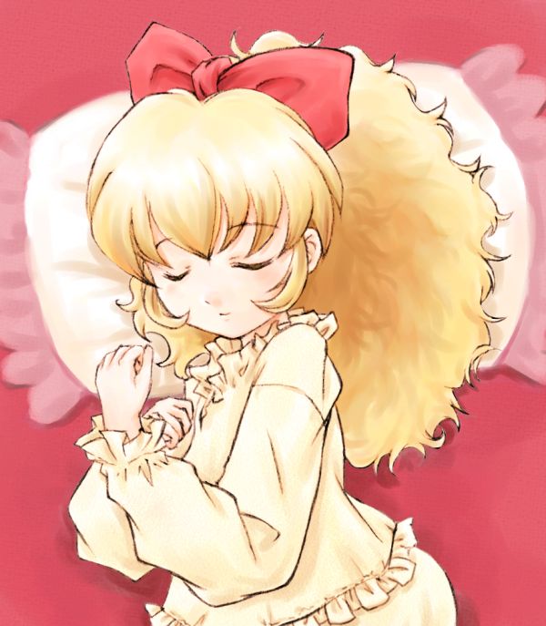 asiaaqua, altessa, fushigiboshi no futago hime, 00s, 1girl, bed, blonde hair, bow, closed eyes, female focus, hair bow, long hair, pajamas, pillow, ponytail, sleeping, solo