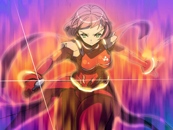 akaga hirotaka, himeno fumi, my-otome, 00s, 1girl, angry, belt, bodysuit, breasts, female focus, fighting stance, fire, frown, glowing, green eyes, outstretched arms, pink hair, scarf, short hair, skin tight, skirt, solo, spoon, spread arms