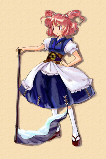 kiriu, onozuka komachi, touhou, 1girl, clog sandals, female focus, hair bobbles, hair ornament, kneehighs, okobo, platform sandals, sandals, scythe, socks, solo, standing, twintails, two side up