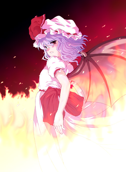 mikage baku, remilia scarlet, touhou, 1girl, bat wings, female focus, fire, hat, purple hair, red eyes, short hair, solo, wings