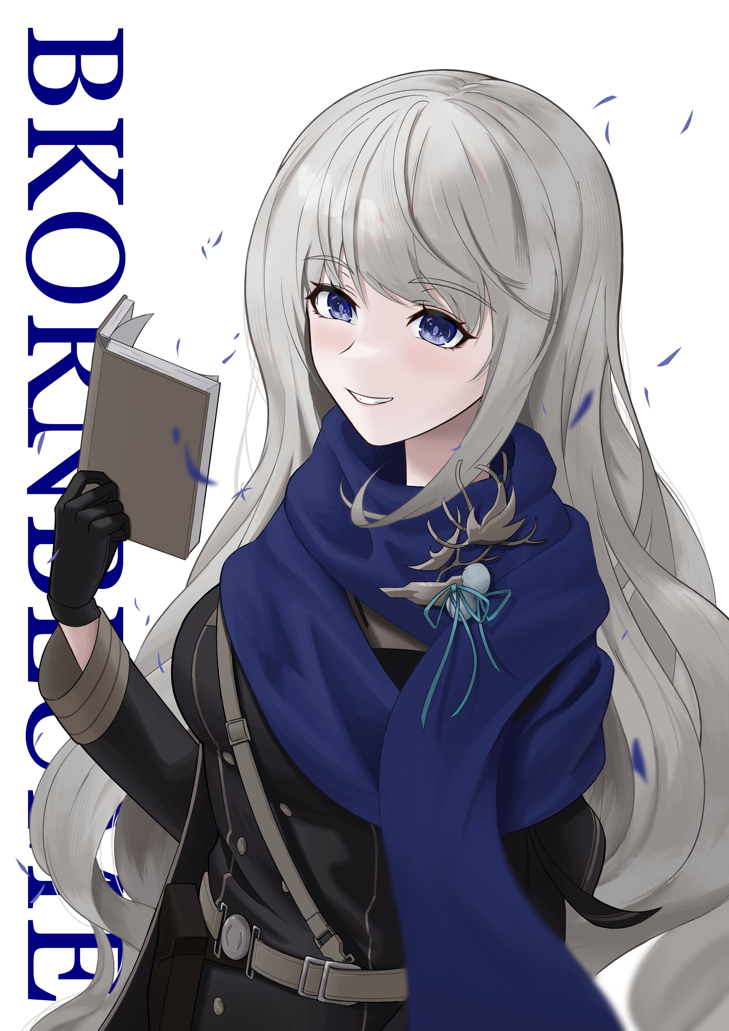 bkornblume, reverse:1999, absurdres, highres, 1girl, belt, black coat, black gloves, blue eyes, blue scarf, book, character name, coat, gloves, grey hair, grin, hand up, holding, holding book, long hair, looking at viewer, mk4 16, sam browne belt, scarf, smile, solo, upper body, very long hair, white background