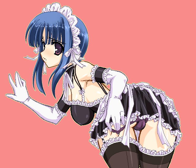 fujimiya, ilfa (to heart), to heart (series), to heart 2, 00s, 1girl, arm garter, back, bent over, black dress, black panties, black thighhighs, blue eyes, blue hair, dress, elbow gloves, female focus, frills, garter belt, gloves, hair ribbon, headdress, long hair, looking back, maid, maid headdress, matching hair/eyes, oekaki, panties, pantyshot, pink background, ribbon, robot ears, simple background, solo, standing, thigh gap, thighhighs, thighs, underwear, white gloves