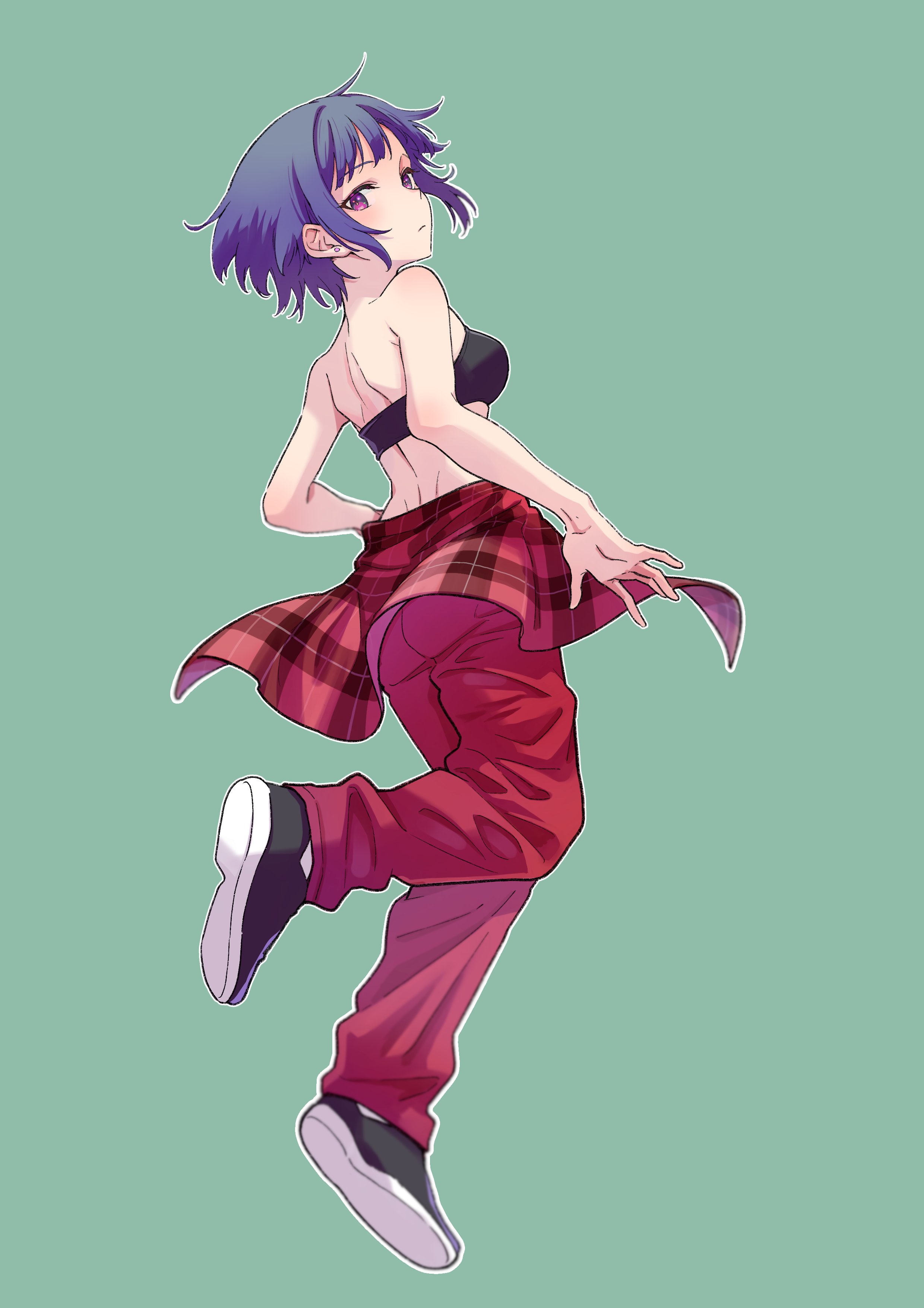 spoon (tamakakama), koshimizu toru, nijisanji, absurdres, character request, check character, check copyright, copyright request, highres, 1girl, arms at sides, back, black bra, black shoes, bra, closed mouth, clothes around waist, earrings, expressionless, from behind, full body, green background, jacket, jacket around waist, jewelry, looking at viewer, looking back, no shirt, outline, pants, plaid clothes, plaid jacket, purple eyes, purple hair, red pants, shoes, simple background, solo, strapless, strapless bra, stud earrings, turning head, underwear, virtual youtuber