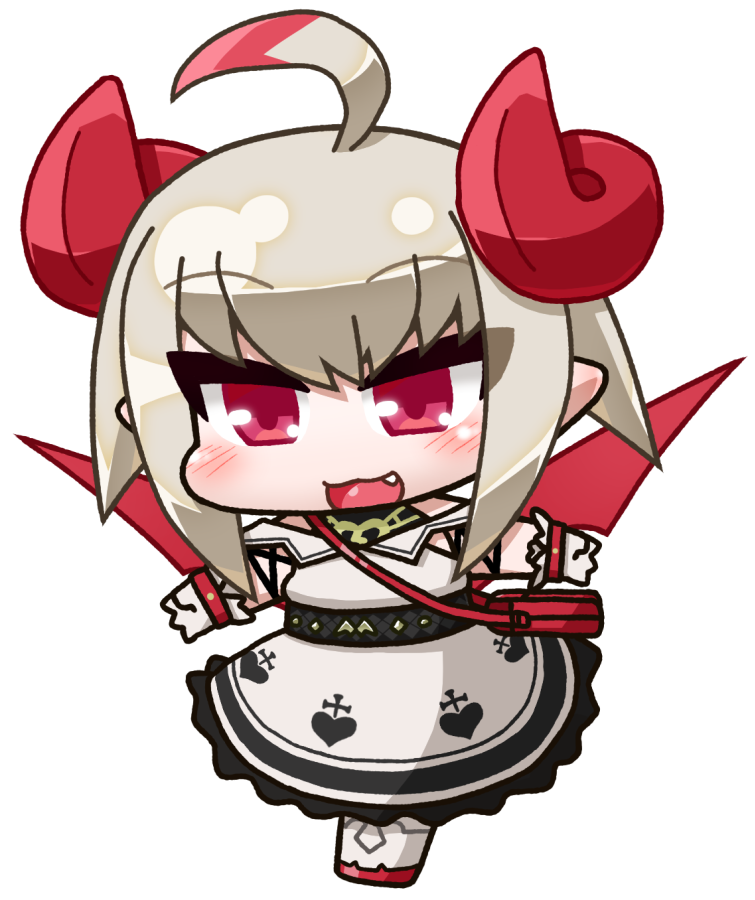 ikuwiron, makaino ririmu, makaino ririmu (1st costume), nijisanji, 1girl, :3, ahoge, bag, bare shoulders, belt, black undershirt, blush, bracelet, chibi, chibi only, cross, cross print, curled horns, demon horns, demon wings, dress, dyed ahoge, fang, frilled dress, frills, full body, gloves, grey hair, hair between eyes, handbag, heart, heart print, horns, jewelry, long dress, multicolored hair, off-shoulder dress, off shoulder, open mouth, pixie cut, pointy ears, red bag, red eyes, red hair, red horns, red shoes, red wings, shirt under dress, shoes, short hair, shoulder bag, sidelocks, smile, solo, standing, standing on one leg, streaked hair, transparent background, virtual youtuber, walking, white dress, white gloves, white shoes, wings