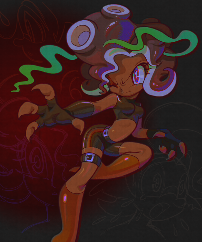 nintendo, original, splatoon (series), splatoon 3, 1950s (style), breasts, cephalopod eyes, crop top, dark-skinned female, dark skin, deformed, eyelashes, faux retro artstyle, octoling, one eye closed, roachgore, suction cups, tentacle hair, tofu (roachgore), v-shaped eyebrows