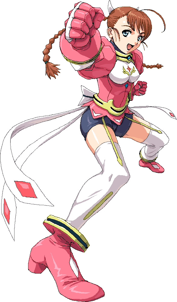 nigou, arika yumemiya, my-otome, 00s, blue eyes, braid, brown hair, fighting stance, gloves, long hair, solo, thighhighs, twin braids