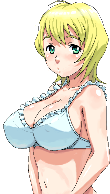 nigou, erstin ho, my-otome, 00s, 1girl, blonde hair, bra, breasts, cleavage, covered erect nipples, female focus, frilled bra, frills, green eyes, huge breasts, large breasts, lingerie, short hair, solo, underwear, white bra