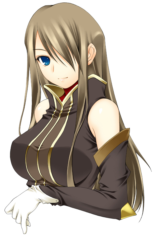ribucci, tear grants, tales of (series), tales of the abyss, 00s, 1girl, bare shoulders, blue eyes, breasts, brown hair, detached sleeves, female focus, hair over one eye, huge breasts, long hair, simple background, solo, very long hair, white background
