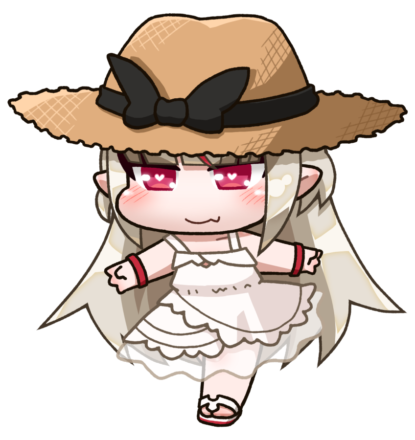 ikuwiron, makaino ririmu, makaino ririmu (3rd costume), nijisanji, 1girl, bare shoulders, black bow, blunt bangs, blush, bow, bracelet, chibi, chibi only, closed mouth, collarbone, dress, fang, full body, grey hair, hair down, hat, hat bow, heart, heart-shaped pupils, jewelry, lace trim, long hair, multicolored hair, no socks, pointy ears, red eyes, red hair, sandals, see-through clothes, see-through skirt, sidelocks, skin fang, skirt, sleeveless, sleeveless dress, solo, standing, standing on one leg, straight hair, straw hat, streaked hair, sundress, symbol-shaped pupils, transparent background, virtual youtuber, walking, white dress