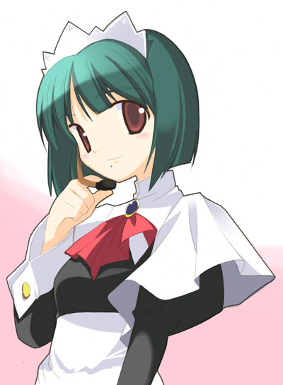arata toshihira, otonashi kotori, idolmaster, idolmaster (classic), idolmaster 1, 00s, 1girl, alternate costume, apron, ascot, blush, bob cut, breasts, brooch, brown eyes, closed mouth, enmaided, female focus, from side, green hair, headset, jewelry, juliet sleeves, light smile, long sleeves, looking at viewer, looking back, maid, maid apron, maid headdress, microphone, mole, mole under mouth, parted bangs, pink background, puffy long sleeves, puffy sleeves, red eyes, short hair, simple background, small breasts, smile, solo, turtleneck, upper body, white background, wrist cuffs