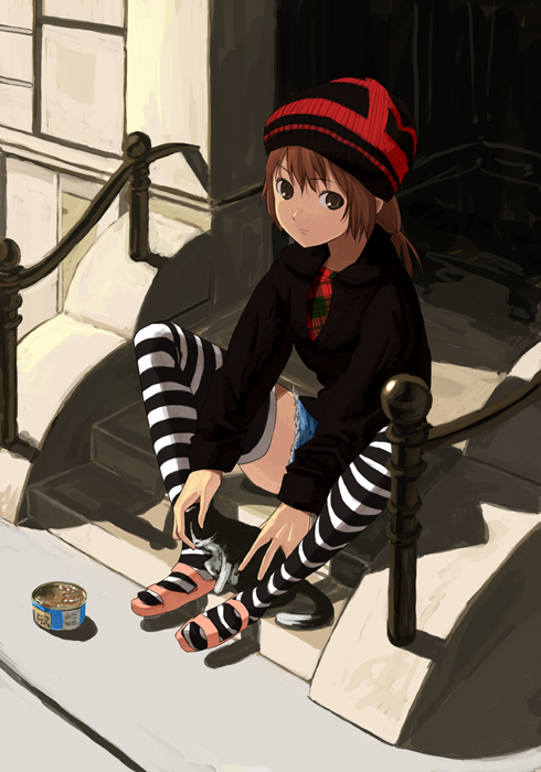 b-ginga, original, 1girl, between legs, black eyes, brown hair, butterfly sitting, can, cat, cutoffs, denim, denim shorts, door, doorway, expressionless, female focus, hat, looking at viewer, outdoors, railing, sandals, short shorts, shorts, sitting, solo, stairs, striped clothes, striped thighhighs, sunlight, thighhighs