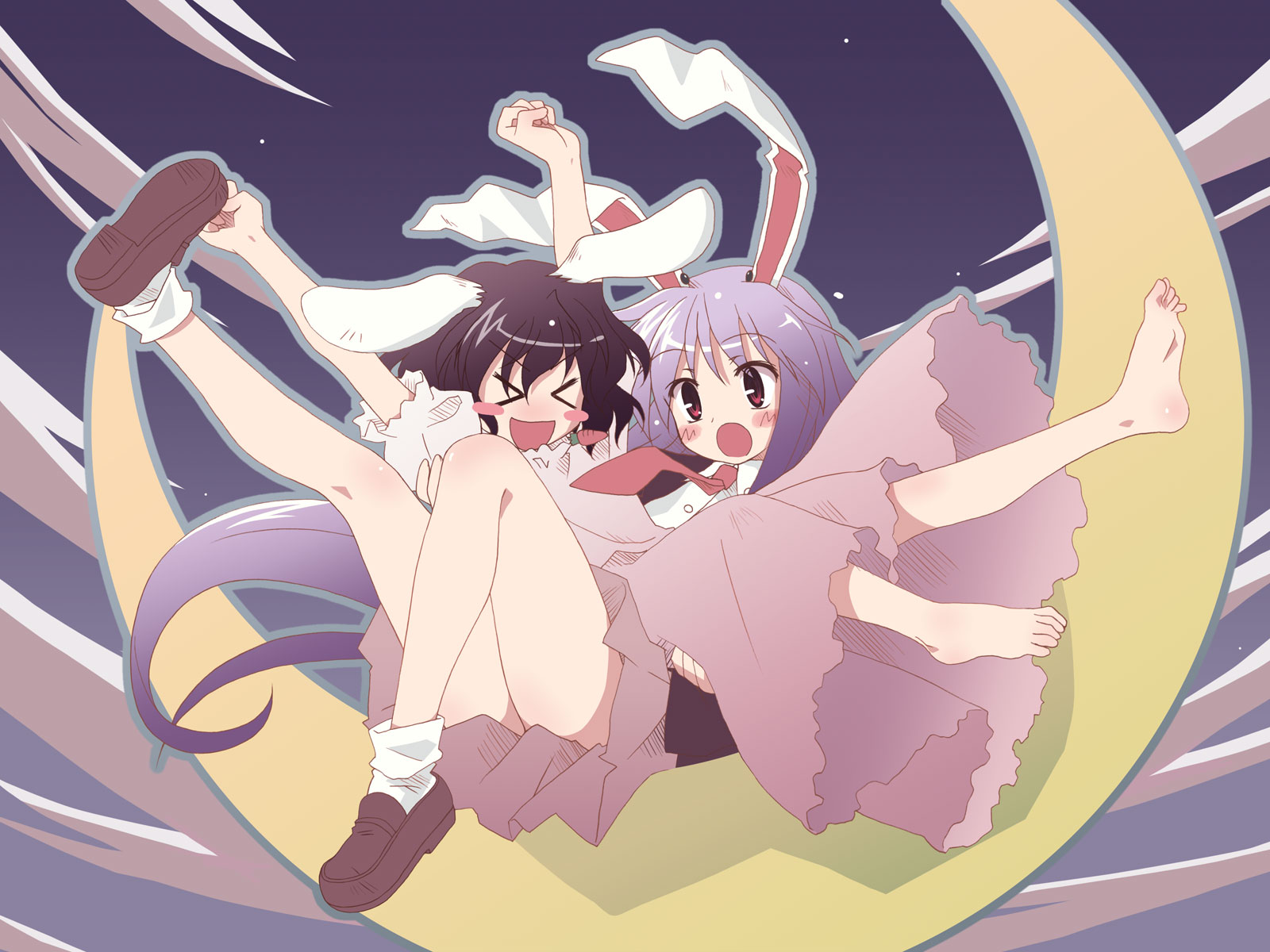 yuuki tatsuya, inaba tewi, reisen udongein inaba, touhou, highres, 2girls, animal ears, barefoot, crescent moon, feet, female focus, moon, multiple girls, necktie, rabbit ears, skirt, thighs