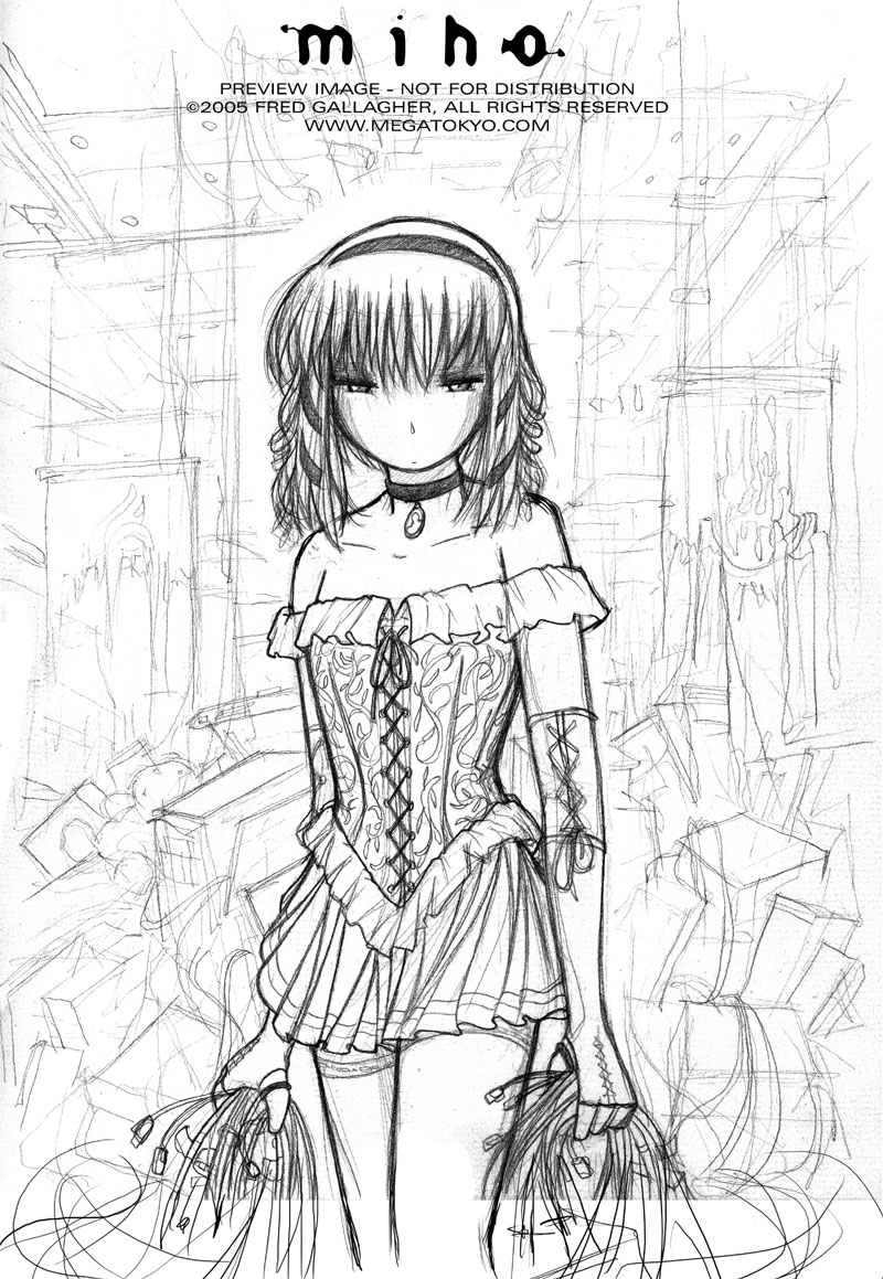 fred gallagher, miho, tooya miho, touya miho, megatokyo, bare shoulders, cable, choker, elbow gloves, fingerless gloves, gloves, gothic lolita, hair ribbon, lolita fashion, monochrome, ribbon, short hair, sketch, skirt, solo, thighhighs, wire