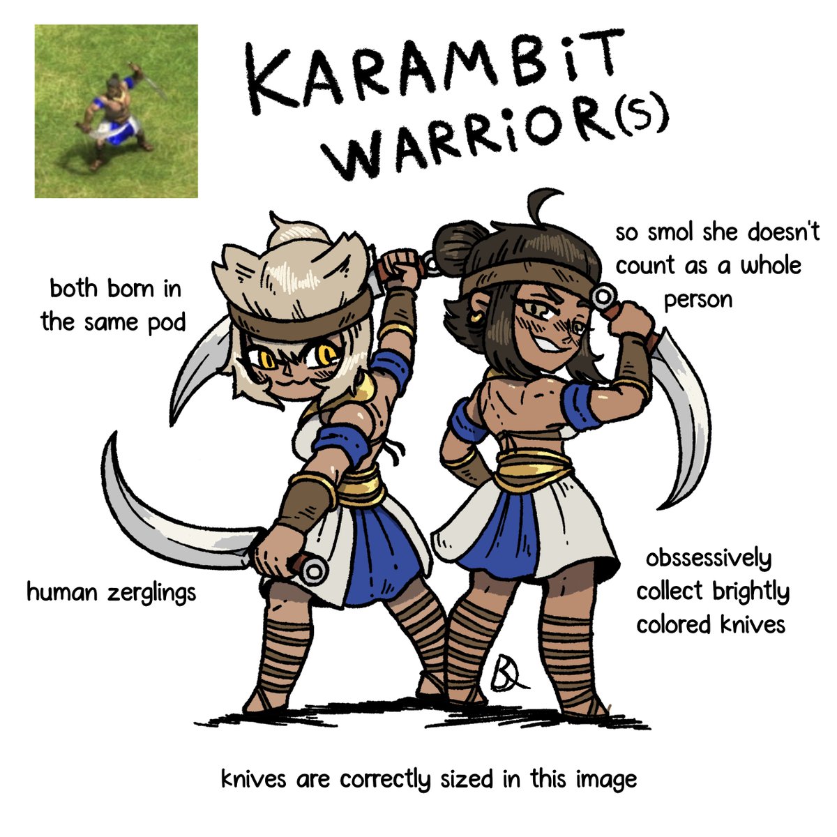 kabewski, age of empires (series), age of empires ii, highres, 2girls, animal ears, back, bandana, blonde hair, brown hair, cat ears, dark-skinned female, dark skin, dual wielding, english text, holding, holding knife, karambit, karambit warrior (age of empires ii), knife, multiple girls, reference inset, sandals, skirt, white background, yellow eyes