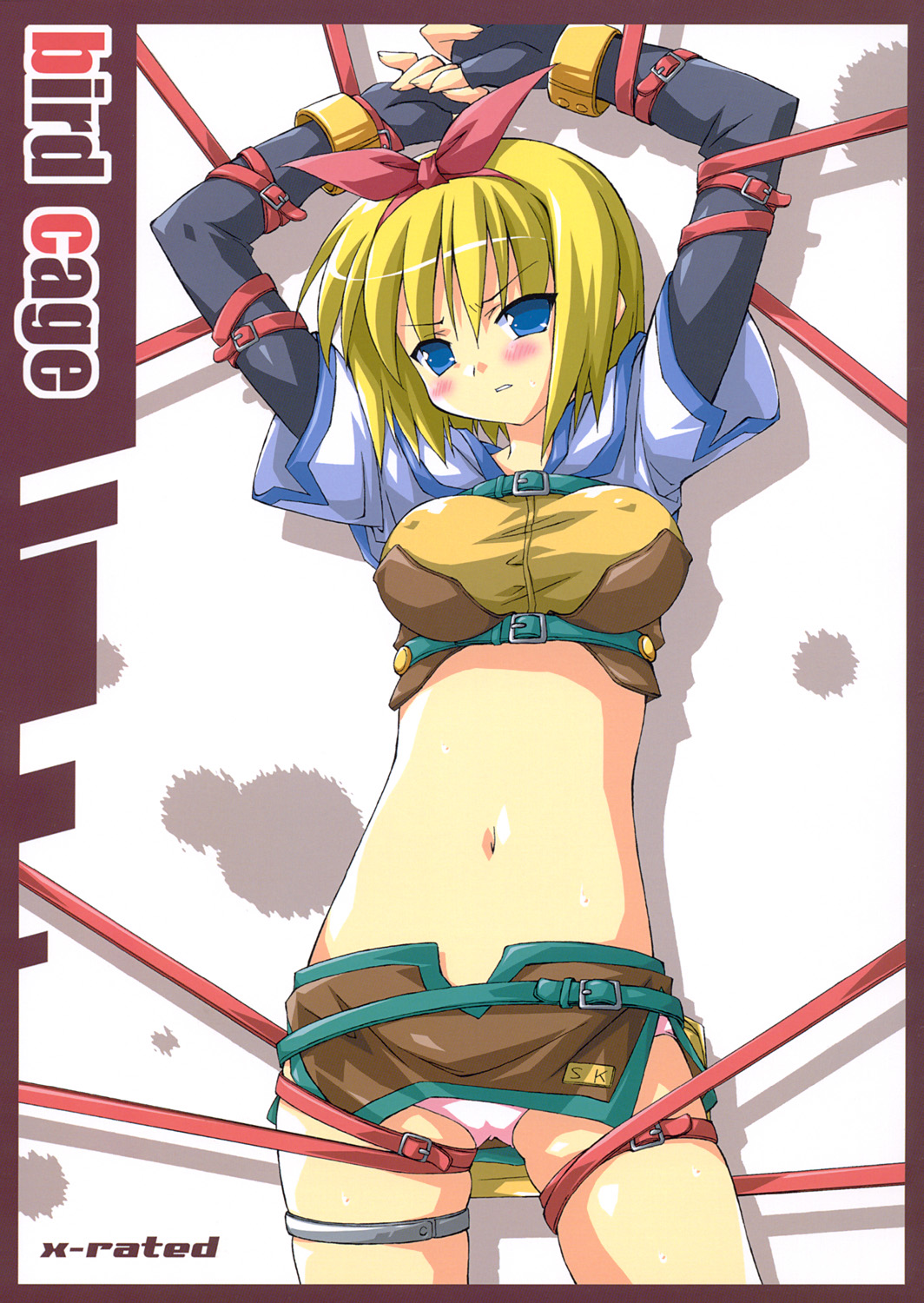 hunter (ragnarok online), ragnarok online, highres, 1girl, aqua belt, bdsm, belt, bondage, bound, female focus, hunter, jewelry, solo, thighlet