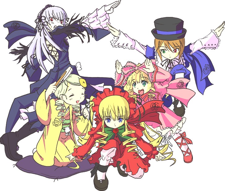 hinaichigo, kanaria, shinku, souseiseki, suigintou, dragon ball, dragonball z, rozen maiden, brush, 00s, 5girls, :d, ^ ^, blonde hair, blue dress, blue eyes, bow, braid, closed eyes, doll, dress, drill hair, frilled sleeves, frills, full body, ginyu force pose, green eyes, hair bow, hair ornament, hairpin, hat, heterochromia, japanese clothes, kimono, long sleeves, mary janes, multiple girls, open mouth, outstretched arms, pink bow, red dress, red eyes, sash, shoes, simple background, smile, tokusatsu, top hat, twin braids, white background
