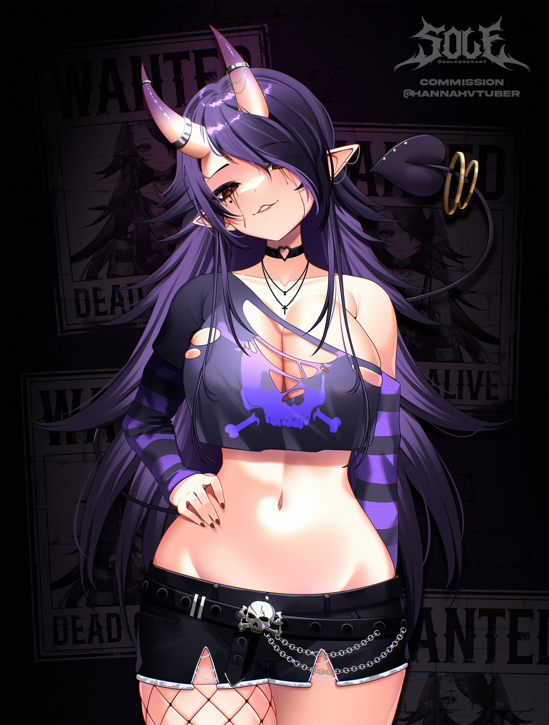 solevisionarts, captain hannah, indie virtual youtuber, commission, highres, 1girl, breasts, cleavage, cropped shirt, demon tail, eyepatch, hair over one eye, hand on own hip, heart, heart eyepatch, horn ornament, horn ring, horns, large breasts, long hair, looking at viewer, makeup, navel, oni, pointy ears, purple hair, red eyes, red nails, runny makeup, short shorts, shorts, single fishnet legwear, solo, tail, tail ornament, tail ring, virtual youtuber