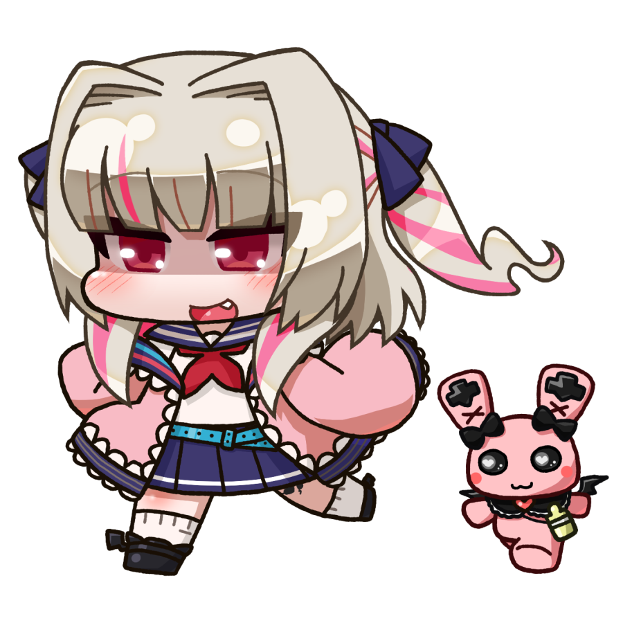 ikuwiron, makaino ririmu, makaino ririmu (4th costume), nijisanji, 1girl, aqua belt, belt, black shoes, blue ribbon, blue sailor collar, blue skirt, blunt bangs, chibi, chibi only, colored inner hair, demon wings, drill hair, fang, full body, grey hair, hair intakes, hair ribbon, jacket, leg tattoo, long hair, loose belt, miniskirt, multicolored hair, neckerchief, off shoulder, open clothes, open jacket, open mouth, pink hair, pink jacket, pleated skirt, pointy ears, red eyes, red neckerchief, red wings, ribbon, sailor collar, school uniform, serafuku, shaded face, shirt, shoes, sidelocks, simple background, skirt, sleeves past fingers, sleeves past wrists, smile, socks, solo, standing, standing on one leg, streaked hair, stuffed animal, stuffed rabbit, stuffed toy, tattoo, two side up, virtual youtuber, walking, white background, white shirt, white socks, winged shoes, wings