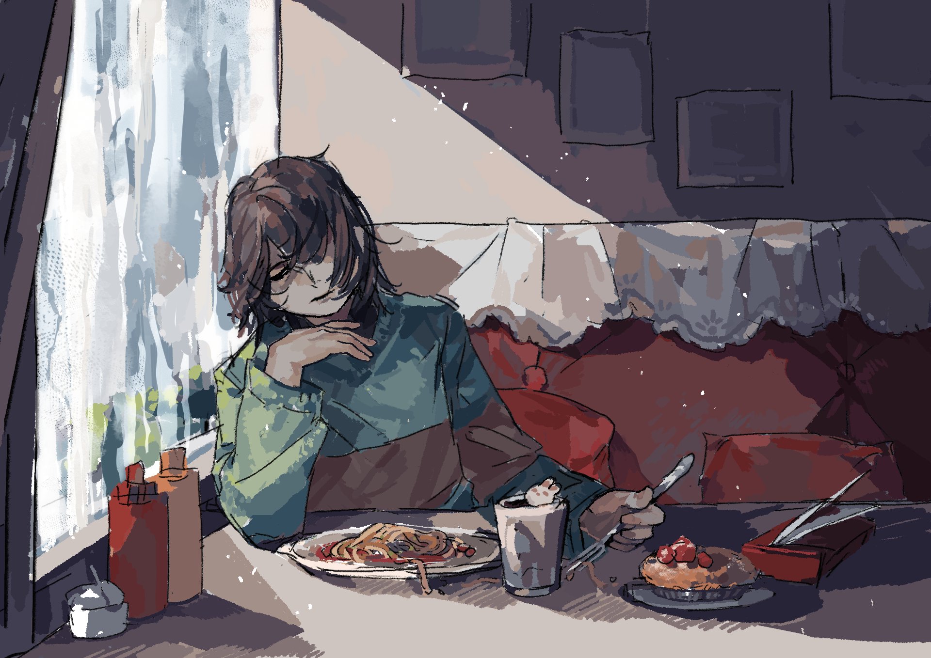 k0konattsu, kris (deltarune), deltarune, utdr (toby fox), highres, 1other, brown hair, cup, curtains, day, drinking glass, expressionless, food, fork, holding, holding fork, indoors, ketchup bottle, looking to the side, other focus, pasta, pie, plate, short hair, solo, spaghetti, table, tablecloth, upper body, window