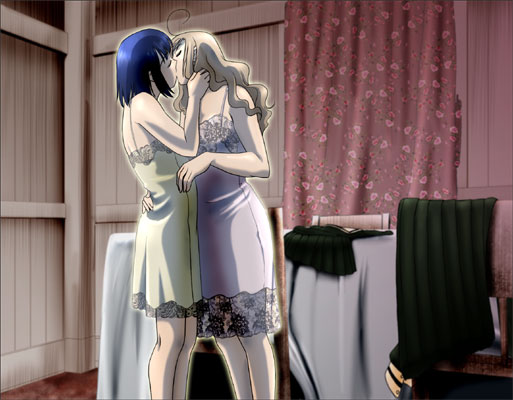 sentape, nijou noriko, toudou shimako, maria-sama ga miteru, 00s, 2girls, blue hair, brown hair, chair, chemise, closed eyes, couple, curtains, female focus, hands on another's face, indoors, kiss, lingerie, long hair, multiple girls, short hair, underwear, undressing, yuri
