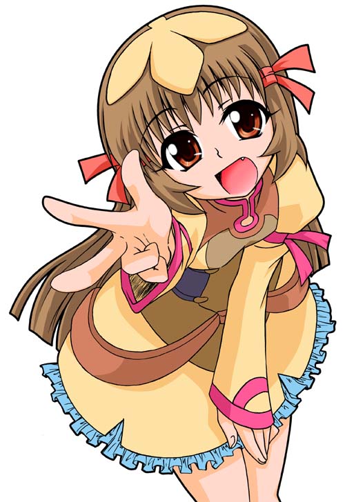 rikumoto yoshiyuki, re mii, zoids, zoids genesis, 00s, 1girl, :d, armband, belt, bent over, brown eyes, brown hair, dress, fang, female focus, flat chest, frills, hair ornament, hair ribbon, long hair, open mouth, ribbon, short dress, simple background, smile, solo, standing, tress ribbon, turtleneck, v