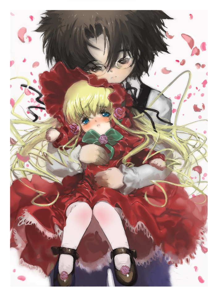 yukinami, sakurada jun, shinku, rozen maiden, looking away, 00s, 1boy, 1girl, blonde hair, blue eyes, blush, bonnet, bow, brown hair, dress, flower, glasses, hetero, holding, hug, hug from behind, long hair, long sleeves, mary janes, pantyhose, petals, red dress, ribbon, rose, shirt, shoes, short hair, size difference, very long hair