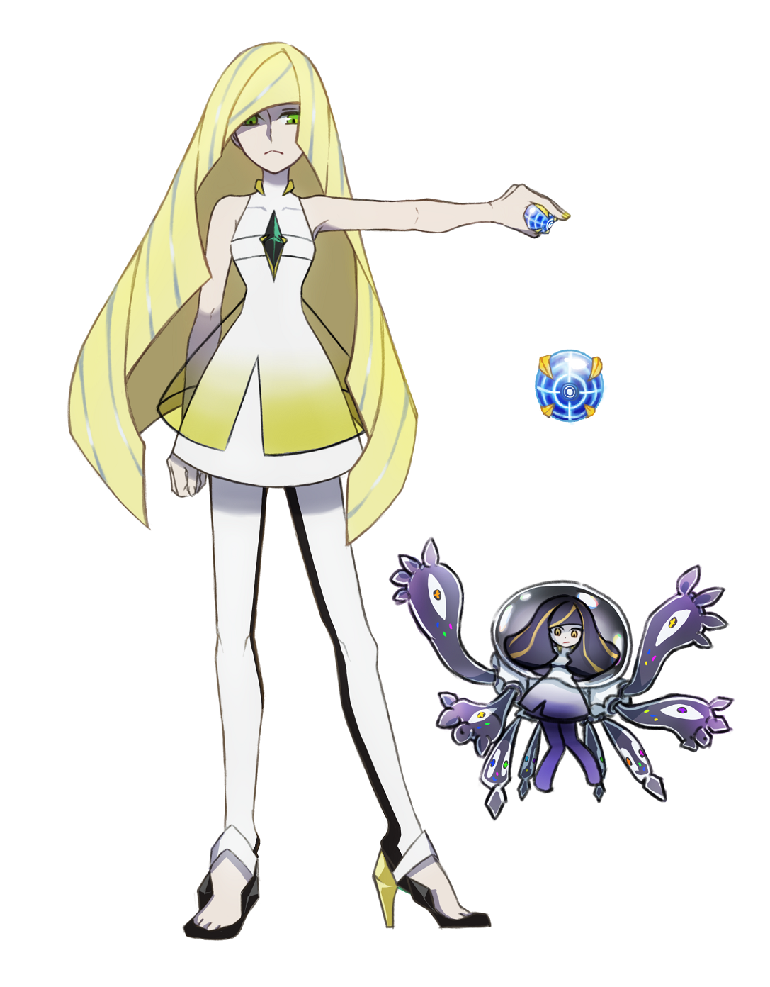 twaly, lusamine (pokemon), lusamine fused (pokemon), nintendo, pokemon, pokemon sm, highres, beast ball, black hair, blonde hair, dress, green eyes, high heels, holding, holding poke ball, long hair, looking at viewer, poke ball, simple background, sleeveless, sleeveless dress, standing, tentacles, very long hair, white background