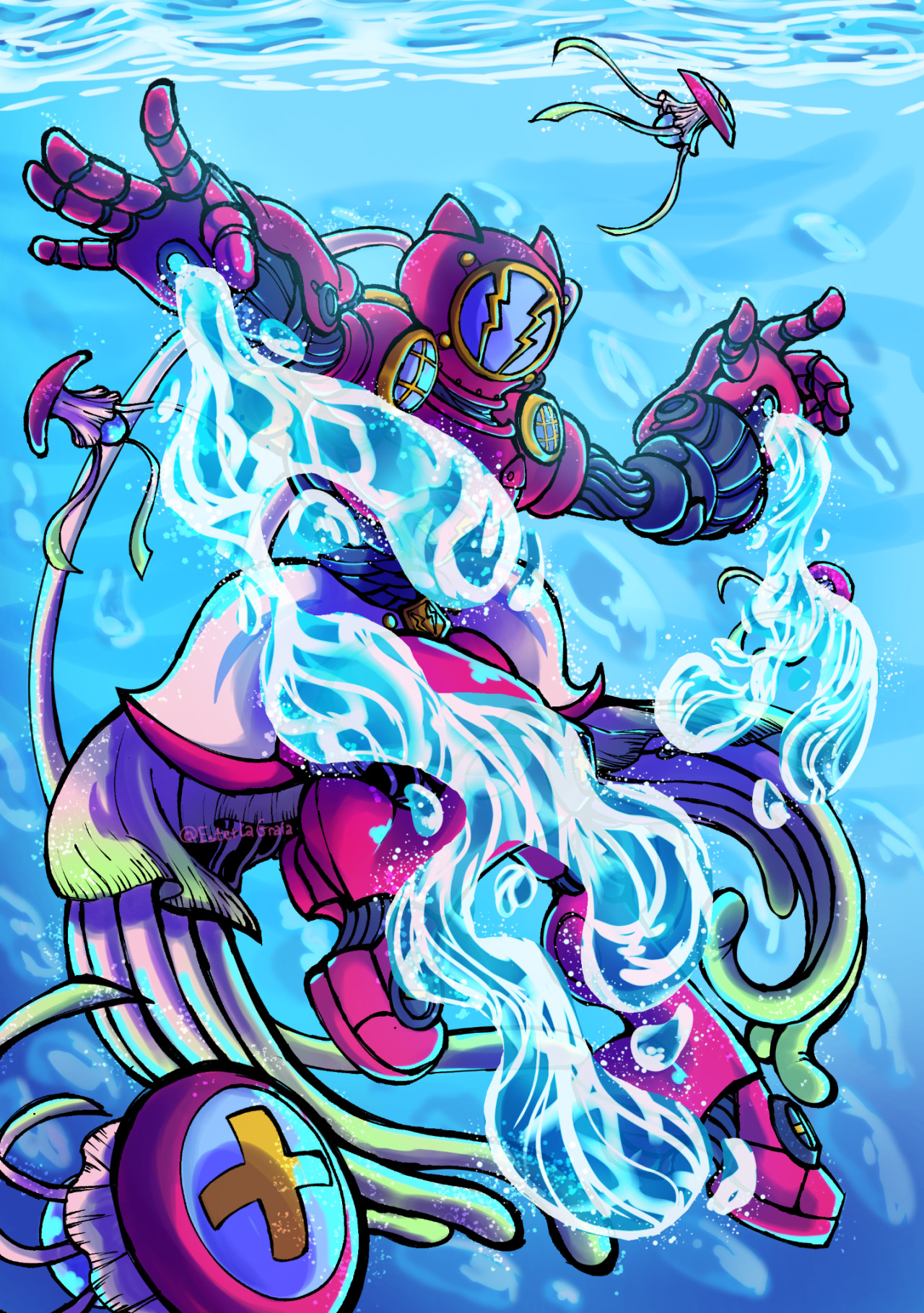 esterlagraia, amphimon, digimon, armor, belt, digimon (creature), diving suit, full armor, tentacles, underwater