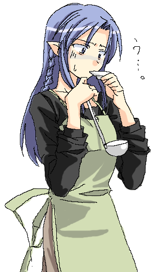 fujitsuki, medea (caster) (fate), medea (fate), fate/stay night, fate (series), 00s, 1girl, ?, apron, blue hair, braid, cowboy shot, female focus, ladle, long hair, nervous, plate, pointy ears, saucer, simple background, solo, sweat, tasting, tasting plate, white background