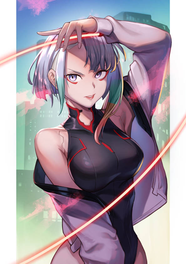 hinoru saikusa, lucy (cyberpunk), cyberpunk: edgerunners, cyberpunk (series), 1girl, armpit peek, armpits, asymmetrical sidelocks, bare shoulders, black leotard, blue background, bob cut, breasts, brown hair, building, electric whip, eyeliner, frown, gradient hair, green background, green hair, grey hair, hand up, holding, holding whip, jacket, jacket partially removed, large breasts, leotard, looking at viewer, makeup, multicolored hair, open clothes, open jacket, parted lips, pink hair, purple eyes, red eyeliner, red lips, short hair, sidelocks, solo, striped clothes, striped jacket, striped leotard, thigh peek, thighs, two-tone background, vertical-striped clothes, vertical-striped jacket, vertical-striped leotard, whip, white jacket