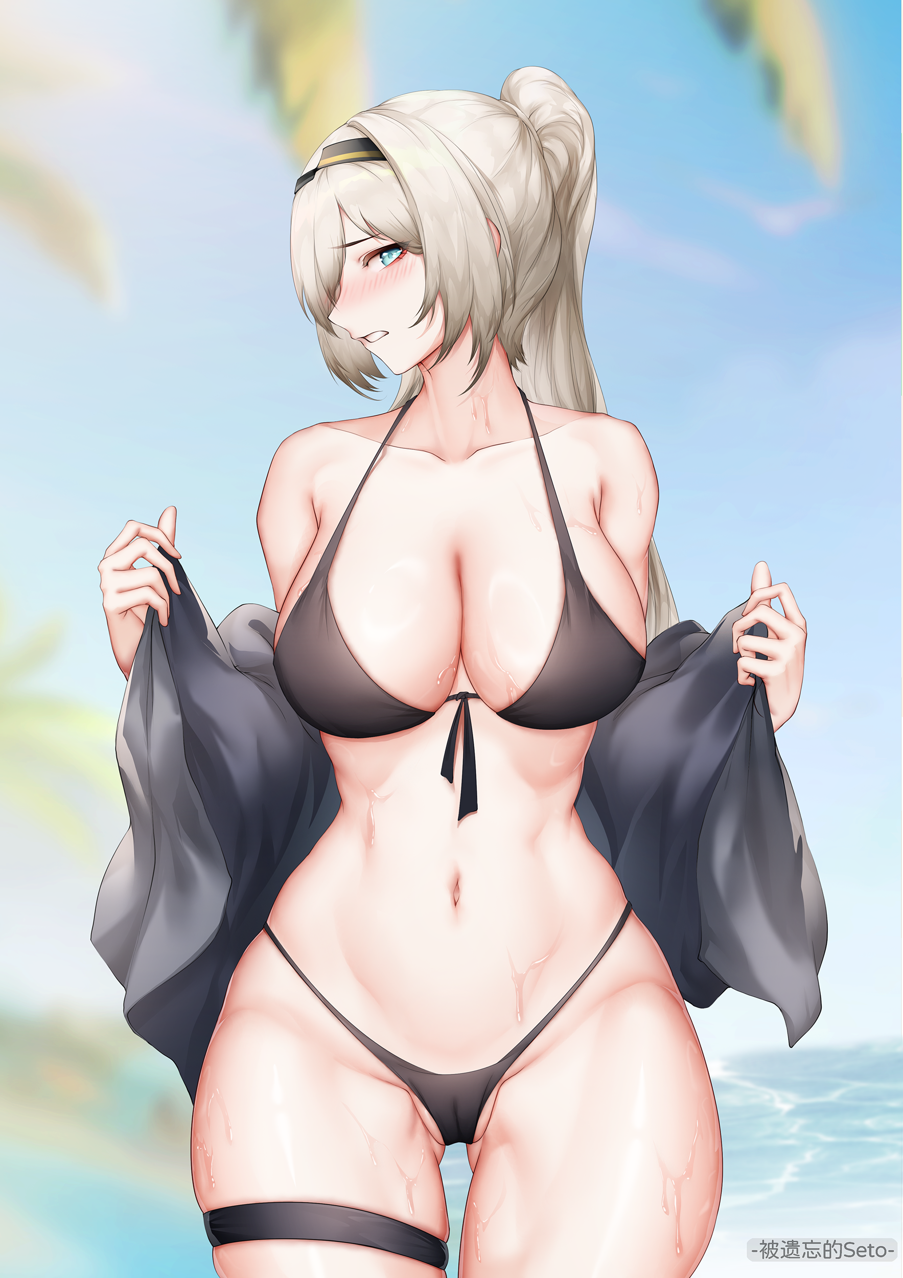 thatob, an-94 (girls' frontline), girls' frontline, absurdres, chinese commentary, commentary, highres, 1girl, alternate breast size (larger), alternate costume, aqua eyes, artist name, bare shoulders, beach, bikini, black bikini, black hairband, blonde hair, blurry, blurry background, blush, breasts, cleavage, collarbone, embarrassed, feet out of frame, hairband, long hair, looking at viewer, medium breasts, navel, open mouth, ponytail, sidelocks, solo, standing, stomach, sweat, swimsuit, thighs