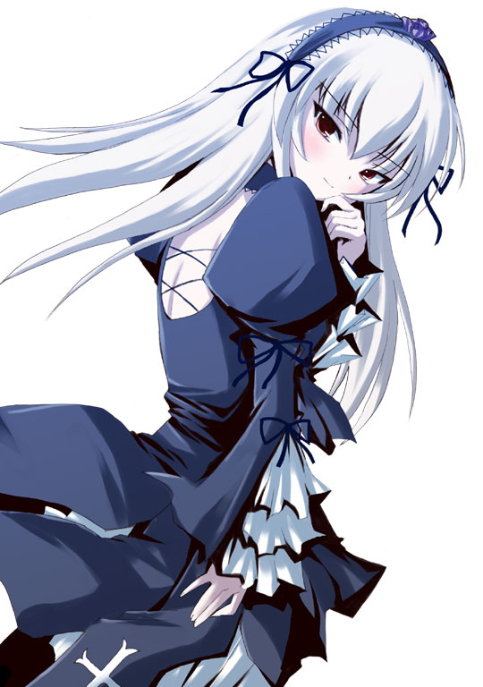 shinshin, suigintou, rozen maiden, silver hair, 00s, 1girl, blush, colored skin, female focus, pale skin, red eyes, solo, white skin