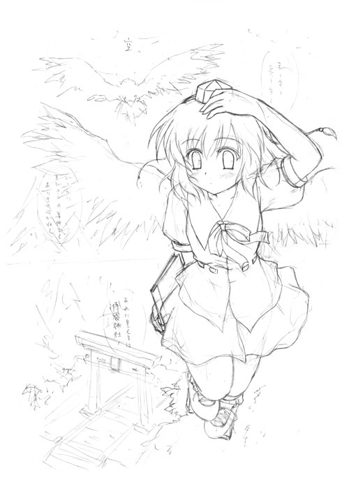 kotowari (newtype kenkyuujo), shameimaru aya, touhou, 1girl, bird, blush, crow, expressionless, female focus, greyscale, hat, looking down, monochrome, skirt, solo, tokin hat, wings