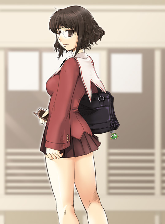 mk (mod0), keroro, kikuko (kazu), keroro gunsou, original, 1girl, bag, brown eyes, brown hair, cameo, cellphone, female focus, glasses, looking back, messy hair, miniskirt, phone, pleated skirt, school bag, school uniform, serafuku, short hair, skirt, solo, wavy hair