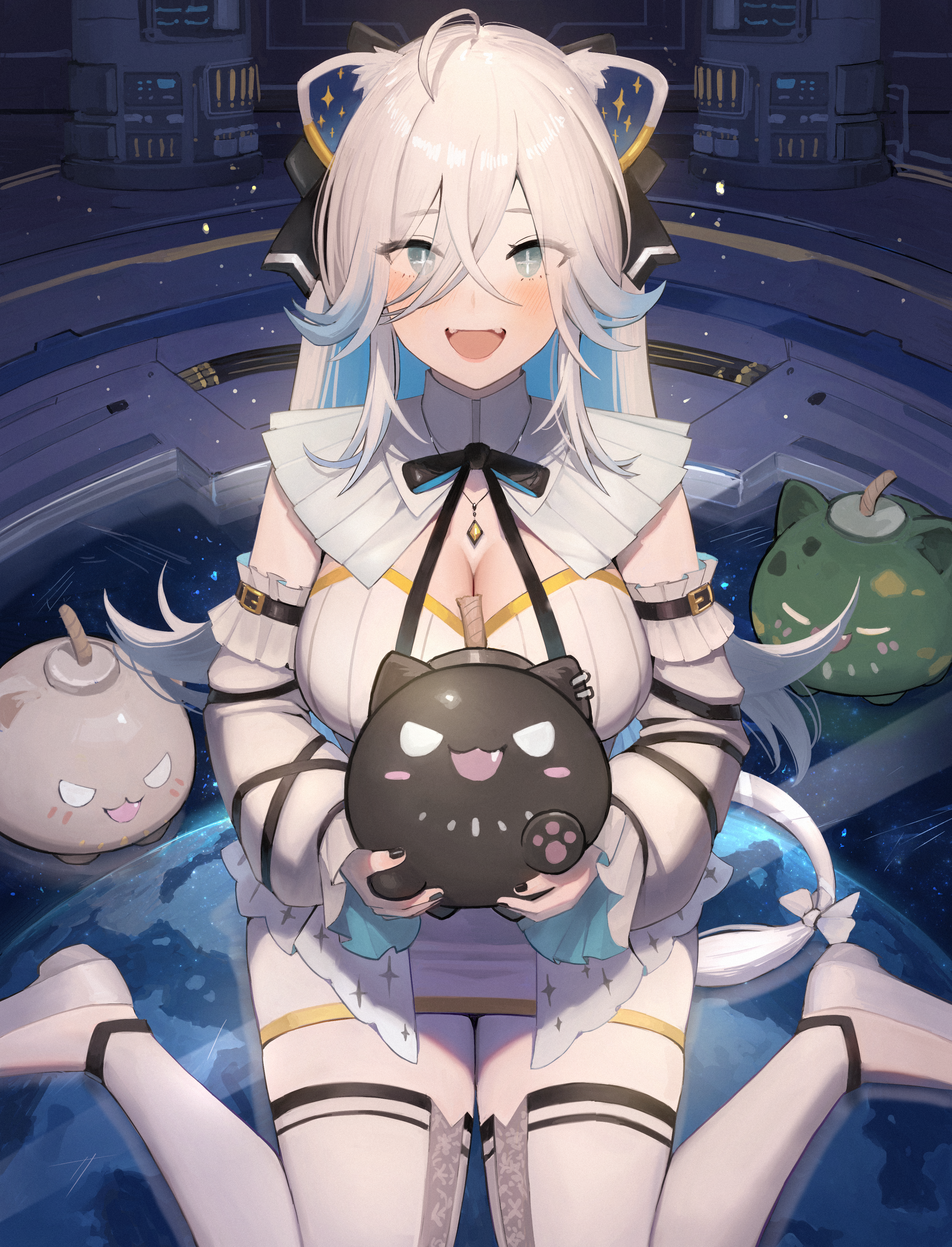 eguchi tumoru, shishiro botan, shishiro botan (5th costume), hololive, absurdres, highres, 1girl, ahoge, animal ears, blush, breasts, cleavage, detached sleeves, dress, grey eyes, grey hair, hair between eyes, large breasts, leggings, lion ears, lion girl, lion tail, long hair, looking at viewer, open mouth, puritan collar, ribbed dress, sitting, solo, tail, virtual youtuber, wariza, white leggings