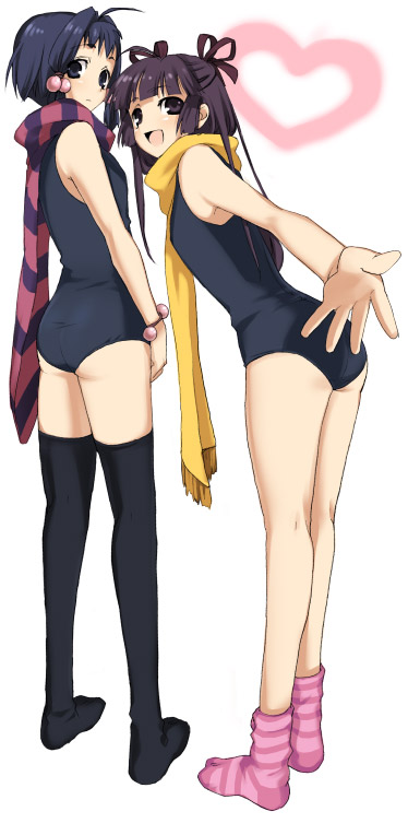 piyodera mucha, original, 2girls, black one-piece swimsuit, black thighhighs, feet, foreshortening, multiple girls, one-piece swimsuit, scarf, school swimsuit, simple background, socks, standing, striped clothes, striped scarf, striped socks, swimsuit, thighhighs, white background, yellow scarf