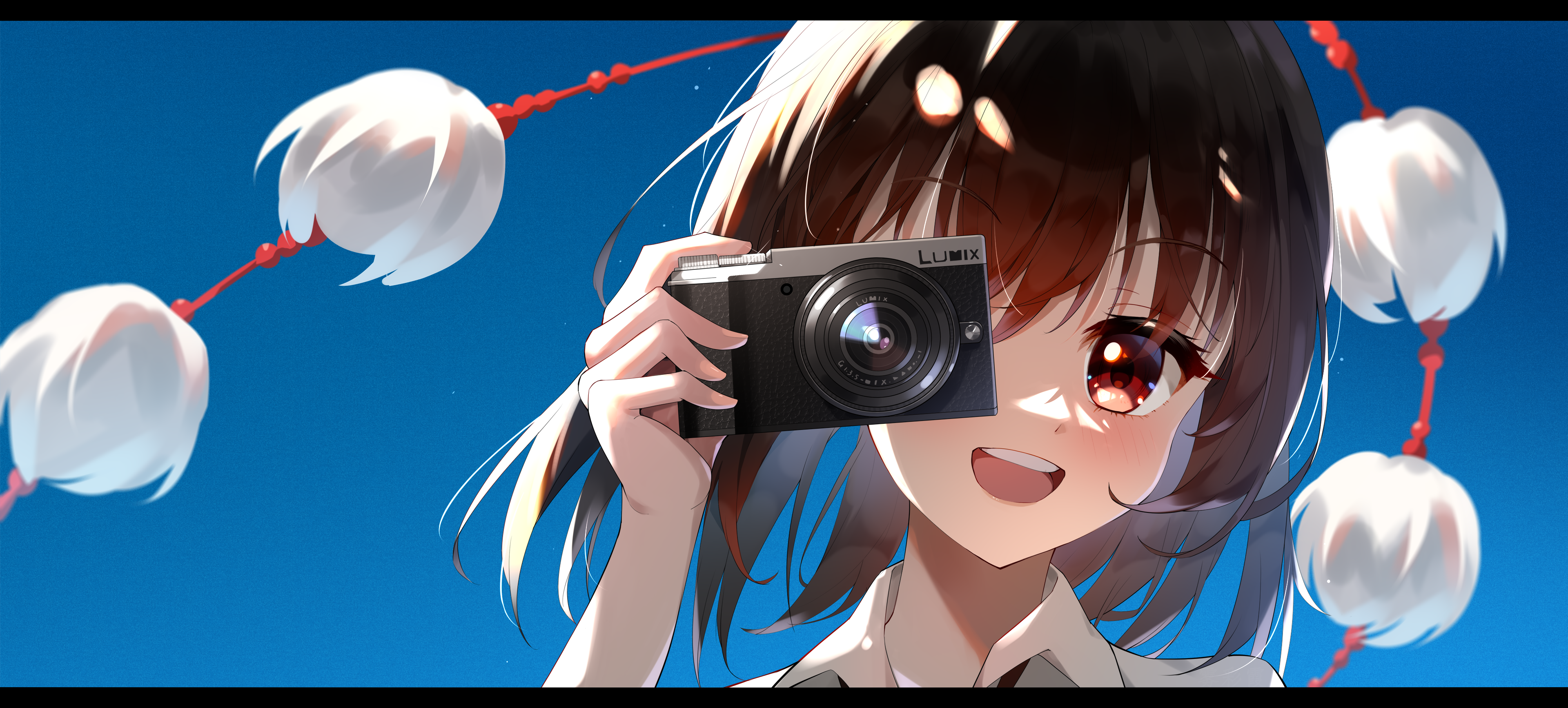 fog. (pixiv26875950), shameimaru aya, touhou, absurdres, commentary request, highres, 1girl, black hair, blue background, blush, camera, close-up, collared shirt, holding, holding camera, light particles, looking at viewer, medium hair, neck, pom pom (clothes), red eyes, red ribbon, ribbon, shirt, smile, solo, teeth, upper teeth only, white shirt