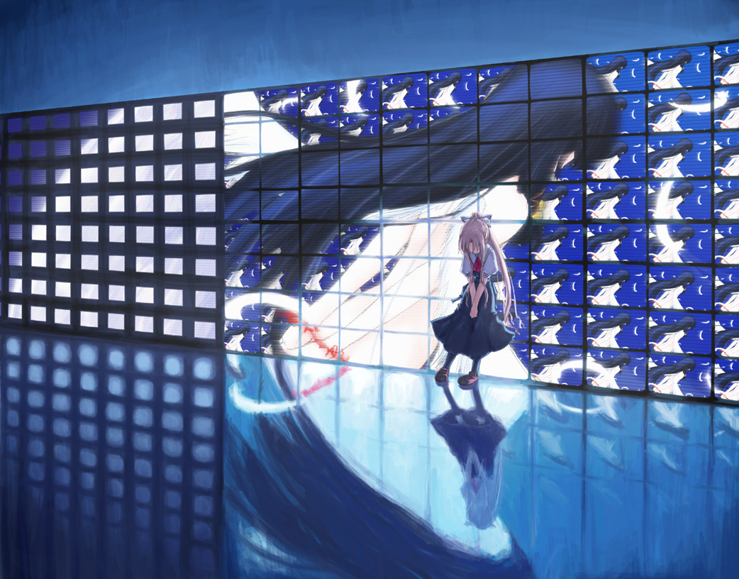 appel, toshibo (chitose ryouta), kamio misuzu, kannabi no mikoto, air (visual novel), 00s, 2girls, angel wings, back, blonde hair, dress, faceless, feathers, from behind, long hair, looking down, multiple girls, reflection, school uniform, screen, v arms, very long hair, wings