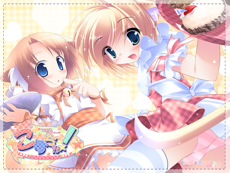 inuneko, original, striped legwear, 2girls, :o, animal ears, aqua eyes, bell, blonde hair, blue eyes, blush, cat ears, cat tail, jingle bell, multiple girls, open mouth, panties, pantyshot, pink panties, short hair, striped clothes, striped panties, striped thighhighs, tail, thighhighs, underwear, waitress
