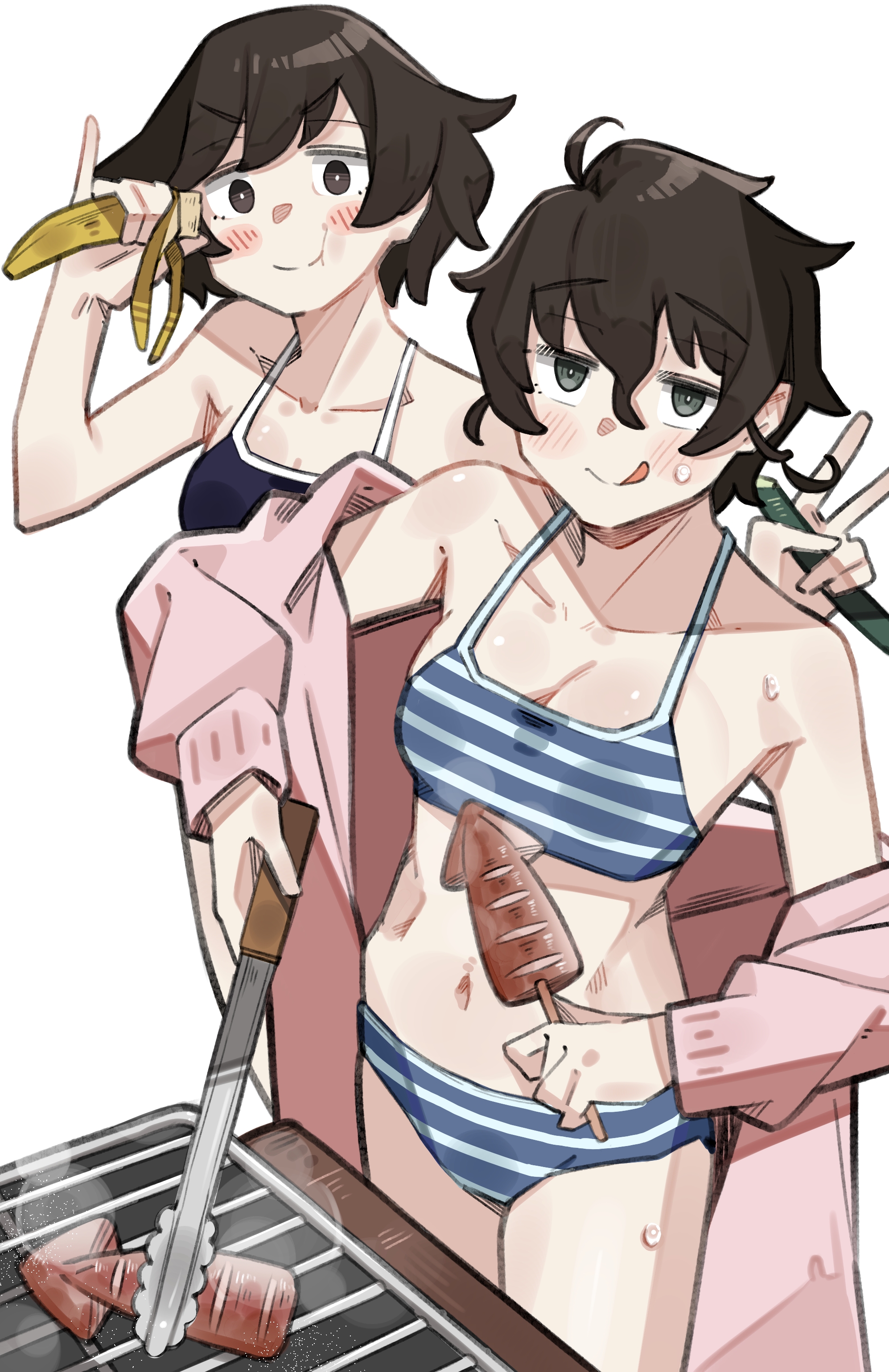 sattinittas, akiyama yoshiko, akiyama yukari, girls und panzer, absurdres, commentary request, commission, highres, partial commentary, skeb commission, 2girls, :q, banana, bikini, blue bikini, blue one-piece swimsuit, breasts, brown eyes, brown hair, coat, eating, food, fruit, grill, halterneck, holding, holding food, holding fruit, holding tongs, ikayaki, mature female, medium breasts, messy hair, mother and daughter, multiple girls, navel, off shoulder, one-piece swimsuit, open clothes, open coat, pink coat, pinky out, short hair, simple background, standing, striped bikini, striped clothes, sweat, swimsuit, tongs, tongue, tongue out, v, white background