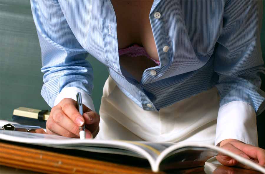 photo (medium), bra, breasts, chalkboard, cleavage, desk, lingerie, open clothes, open shirt, pen, shirt, solo, teacher, underwear