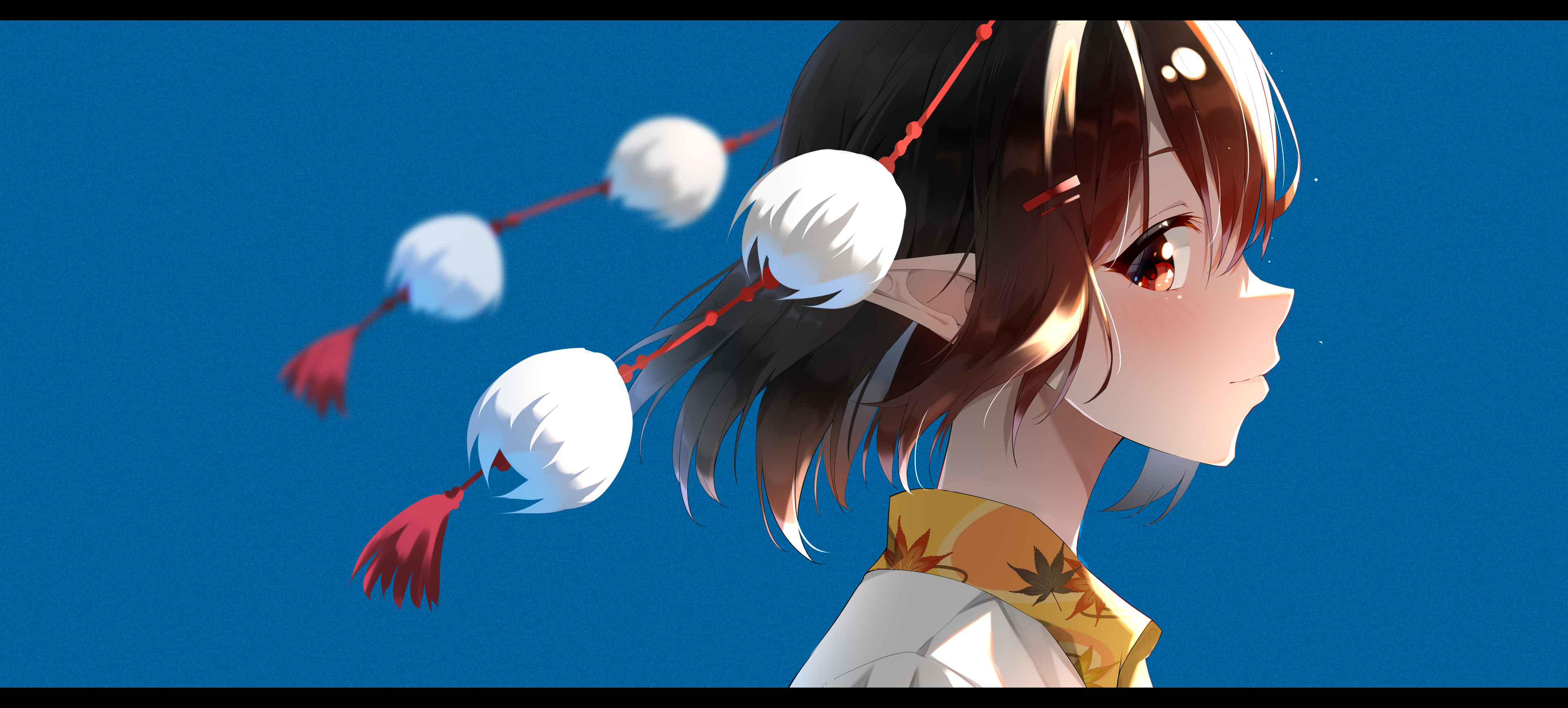 fog. (pixiv26875950), shameimaru aya, touhou, absurdres, commentary request, highres, 1girl, black hair, blue background, blush, collar, from side, hair ornament, hairclip, light particles, light smile, looking at viewer, orange collar, parallel hairclips, pointy ears, pom pom (clothes), profile, red eyes, red ribbon, ribbon, shirt, solo, tassel, white shirt