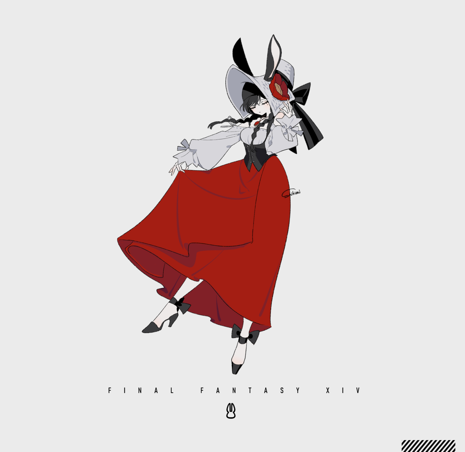 shikimi (yurakuru), final fantasy, final fantasy xiv, highres, 1girl, animal ears, black hair, black shoes, braid, breasts, closed eyes, closed mouth, flat color, full body, hat, long skirt, long sleeves, medium breasts, puffy long sleeves, puffy sleeves, rabbit ears, red skirt, shirt, shoes, simple background, skirt, solo, twin braids, white background, white hat, white shirt