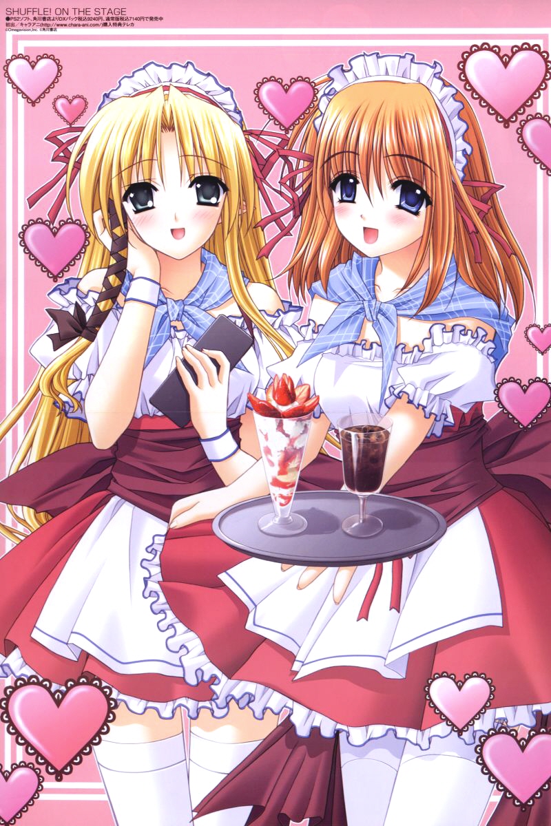 nishimata aoi, suzuhira hiro, fuyou kaede, kareha, megami magazine, shuffle!, shuffle! on the stage, eyebrows, framed, plaid, white legwear, highres, official art, scan, 00s, 2girls, :d, apron, aqua eyes, bare shoulders, black ribbon, blue eyes, blue scarf, blush, bow, cowboy shot, fingernails, food, frilled shirt, frills, from side, fruit, giving, hair between eyes, hair ribbon, hand on own cheek, hand on own face, hand up, happy, heart, high-waist skirt, holding, lace, long fingernails, long hair, maid headdress, miniskirt, multiple girls, notepad, off shoulder, open mouth, orange hair, outline, parfait, parted bangs, petticoat, pink background, pleated skirt, pointy ears, puffy sleeves, red ribbon, red skirt, ribbon, sash, scarf, shirt, short sleeves, sidelocks, simple background, skirt, smile, standing, strawberry, strawberry parfait, thigh gap, thighhighs, tray, tress ribbon, very long hair, waist apron, waitress, white apron, white shirt, wrist cuffs, zettai ryouiki