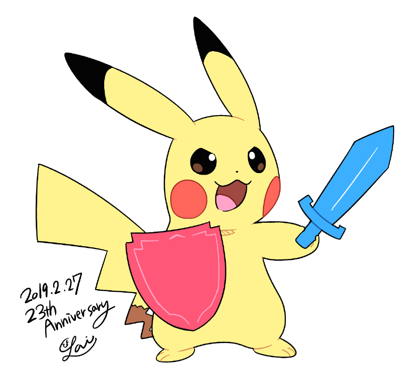 lai (pixiv1814979), pikachu, nintendo, pokemon, pokemon swsh, 2019, angry, artist name, english text, engrish text, gen 1 pokemon, holding, holding shield, holding sword, holding weapon, no humans, open mouth, pokemon (creature), ranguage, shield, signature, solo, sword, weapon, white background