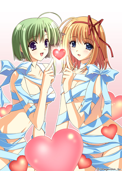 nishimata aoi, suzuhira hiro, fuyou kaede, shigure asa, shuffle!, 00s, 2girls, ahoge, blue eyes, blush, breasts, green hair, hair ribbon, heart, index finger raised, looking at viewer, multiple girls, naked ribbon, navel, open mouth, orange hair, purple eyes, ribbon, short hair, smile