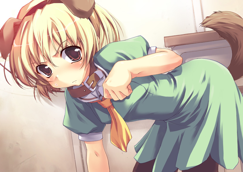 tomose shunsaku, houjou satoko, higurashi no naku koro ni, 00s, 1girl, animal ears, blonde hair, collar, dog ears, dog tail, dress, female focus, leash, pantyhose, pet play, petgirl, sailor dress, school uniform, solo, tail