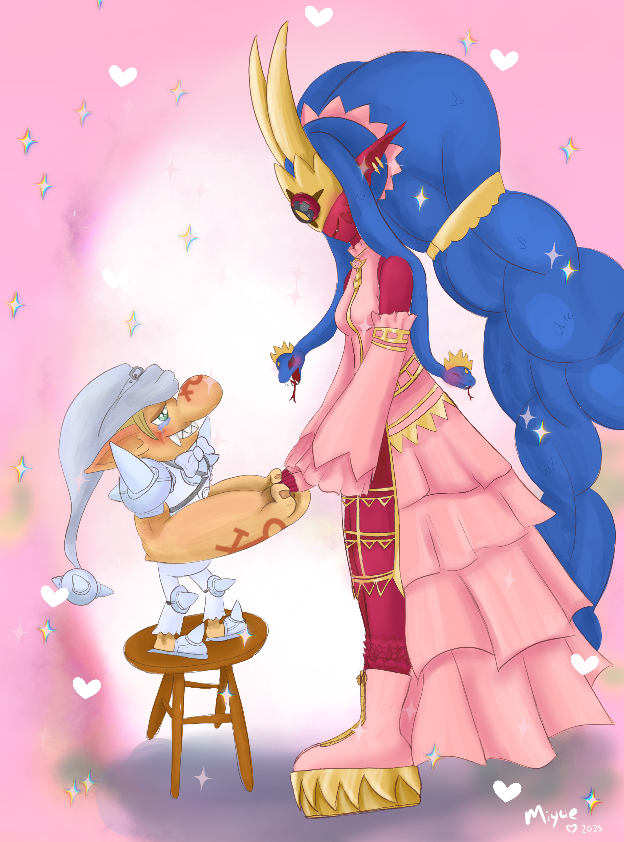 grottemon, medusamon, digimon, digimon card game, blush, couple, crown, digimon (creature), embarrassed, mask, size difference, snake, snake hair, zenaga